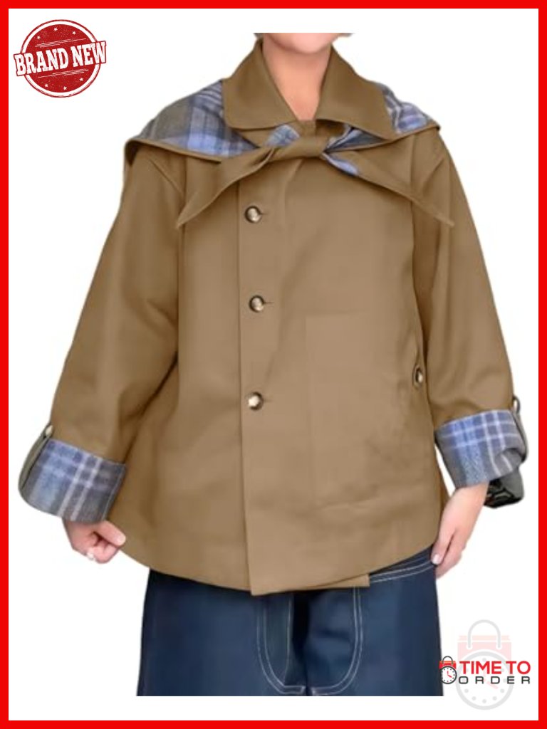 Women's Reversible Plaid Trench Coat Oversized Notch Collar Short Jacket With
